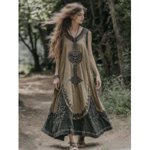 Vintage Tribal Viking Celtic Knot Linen Blend Tank Midi Dress