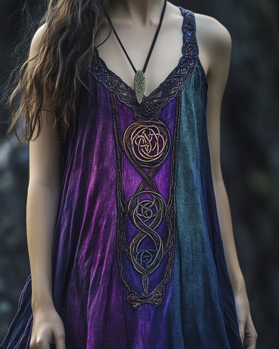 Vintage Celtic Mythology Gradient Lace Linen Tank Dress