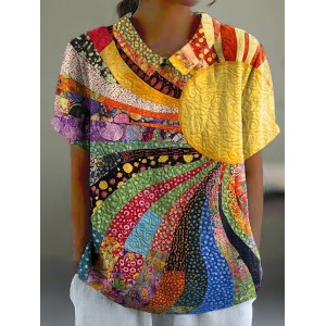 Women's Colorful Warm Sunshine & Sea Of Flowers Art Casual Cotton And Linen Sleeve Shirt