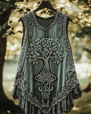 Boho Viking Tribal Celtic Knot Life Of Tree Patchwork Art Sleeveless Tank Top