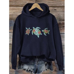 Vintage Turtle And Floral Casual Hoodie