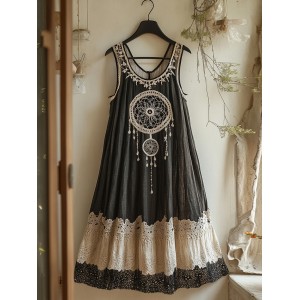 Viking Dreamcatcher Embroidered Flowy Linen Tank Dress