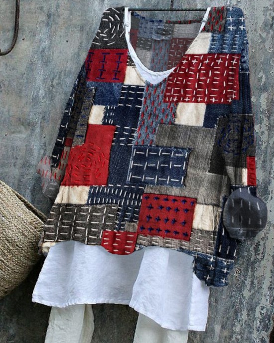 Japanese Sashiko Art Stitched Linen Blend Tunic