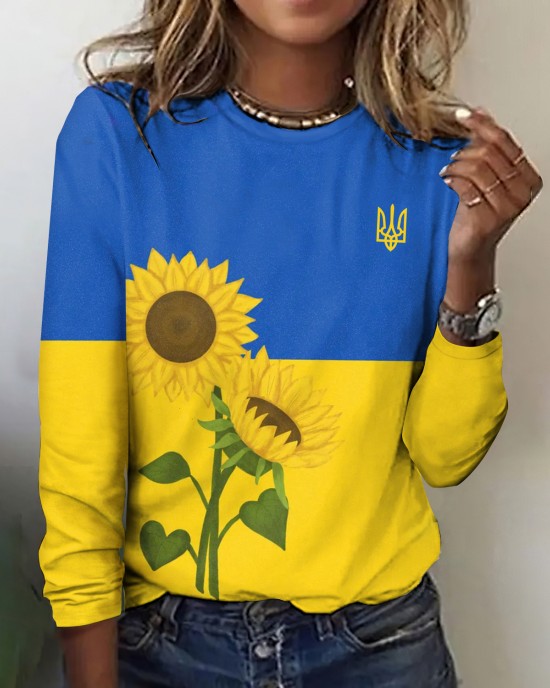 Women's Peace For Ukraine Sunflower Round Collar T-shirt