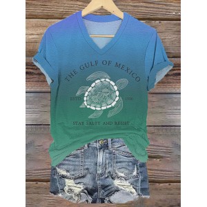 Women's Gulf Of Mexico In Gradient Printed V Neck T-shirt
