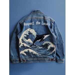 Retro Respect The Locals Waves And Whales Embroidered Art Denim Jacket