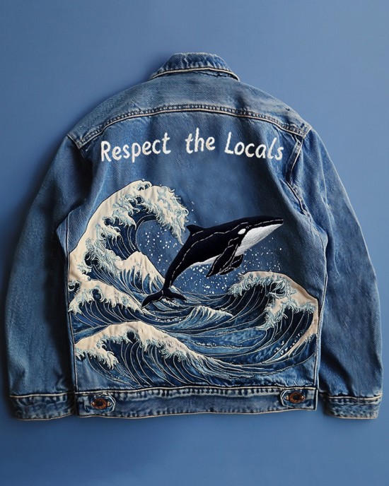 Retro Respect The Locals Waves And Whales Embroidered Art Denim Jacket