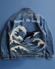 Retro Respect The Locals Waves And Whales Embroidered Art Denim Jacket