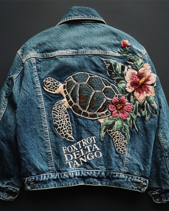 Foxtrot Data Tango Gulf Of Mexico Turtle Floral Embroidered Denim Jacket