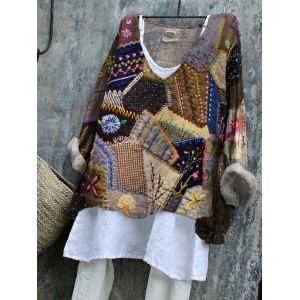 Geometric Stitching Pattern Vintage Women's Linen Shirt