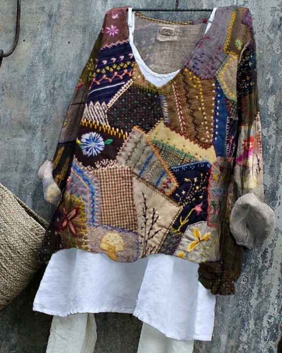 Geometric Stitching Pattern Vintage Women's Linen Shirt