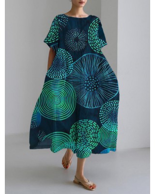 Circle Abstract Art Women's Linen Short Sleeve Maxi Dress