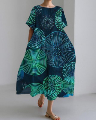 Circle Abstract Art Women's Linen Short Sleeve Maxi Dress