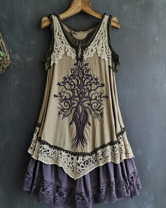 Women's Vintage Tribal Viking Tree Of Life Lace Panel Dress