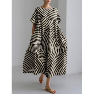 Women's Abstract Art Striped Print Vintage Linen Blend Dress