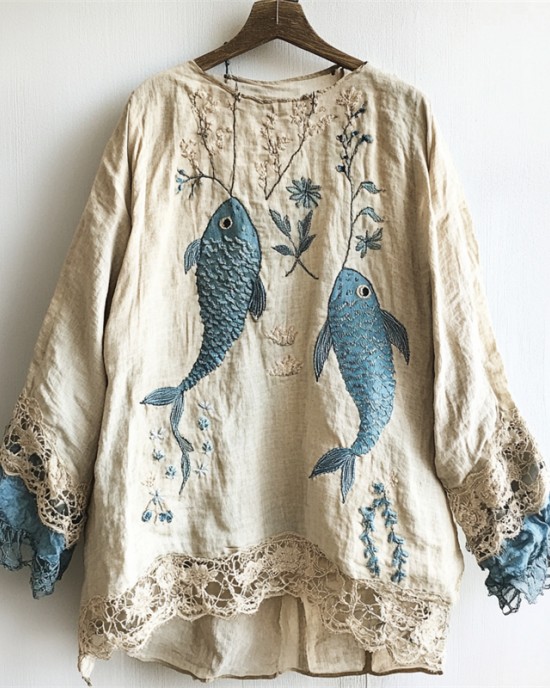 Carp Fish Embroidered  Lace Hem Linen Blend Tunic