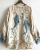 Carp Fish Embroidered  Lace Hem Linen Blend Tunic