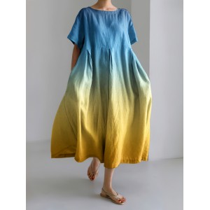 Ukrainian Gradient Art Pattern Linen Blend Maxi Dress