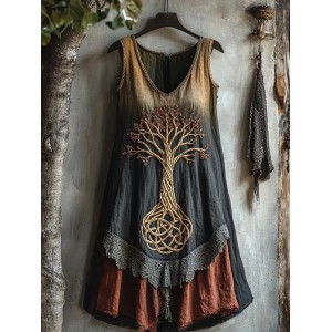 Viking Tree Of Life Lace Gradient Art Linen Tank Dress