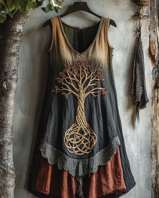 Viking Tree Of Life Lace Gradient Art Linen Tank Dress