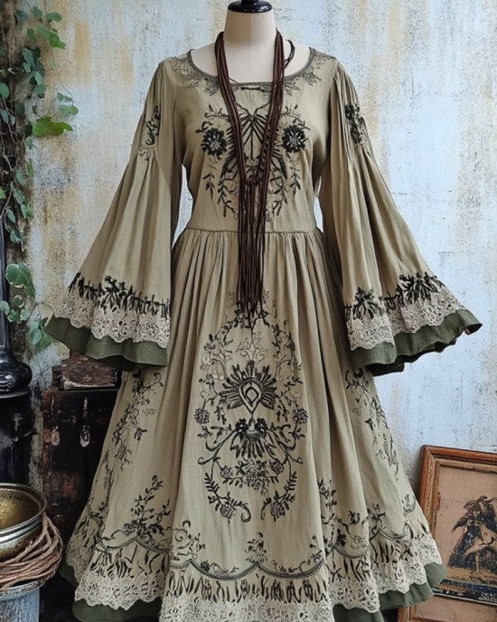 Women's Vintage Tribal Viking Patchwork Maxi Dress