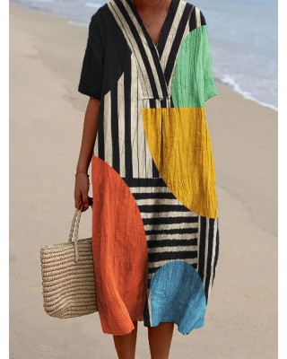 Colorblock Geometric Art Striped Flowy Linen Blend Dress