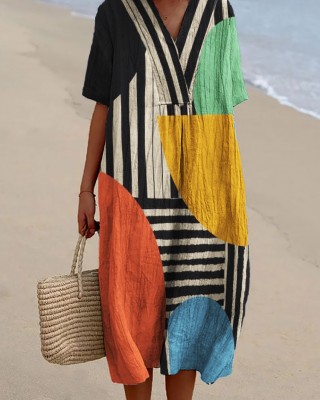 Colorblock Geometric Art Striped Flowy Linen Blend Dress