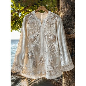 Holiday Ocean Shells Starfish Embroidered Lace Art Linen Blend Shirt