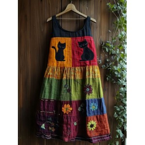 Vintage Black Cat Peeking With Floral Patchwork Art Linen Tank Dress