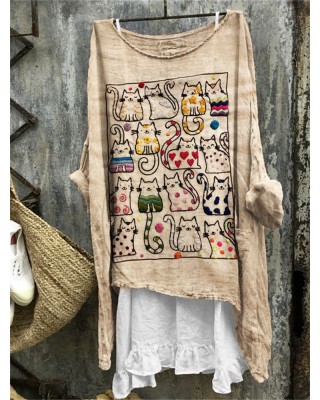 Colorful Cats Embroidered Art Linen Blend Tunic