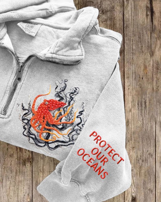 Protect Our Oceans Octopus Embroidery Half-zip Sweatshirt