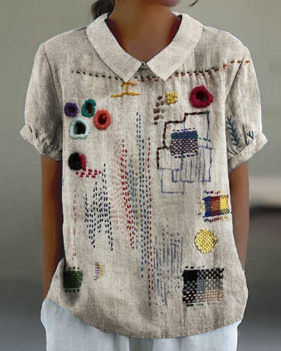 Colorful Embroidered Japanese Sashiko Art Linen Blend Shirt