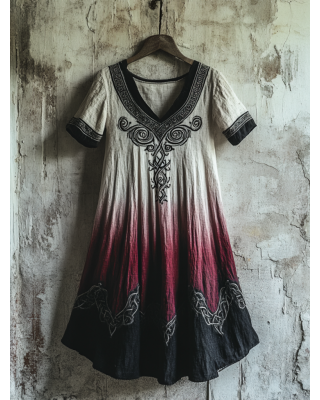 Bohemian Viking Tribal Celtic Knot Gradient Embroidery Art Linen Round Neck Midi Dress