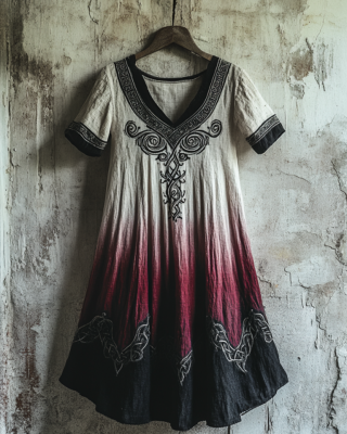 Bohemian Viking Tribal Celtic Knot Gradient Embroidery Art Linen Round Neck Midi Dress