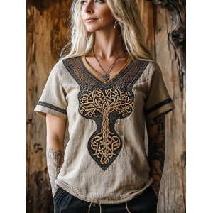 Women's Viking Tree Of Life Celtic Knot Art Linen T-shirt