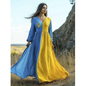 Ukrainian Gold Trident Embroidered Women's V-neck Flowing Maxi Dress