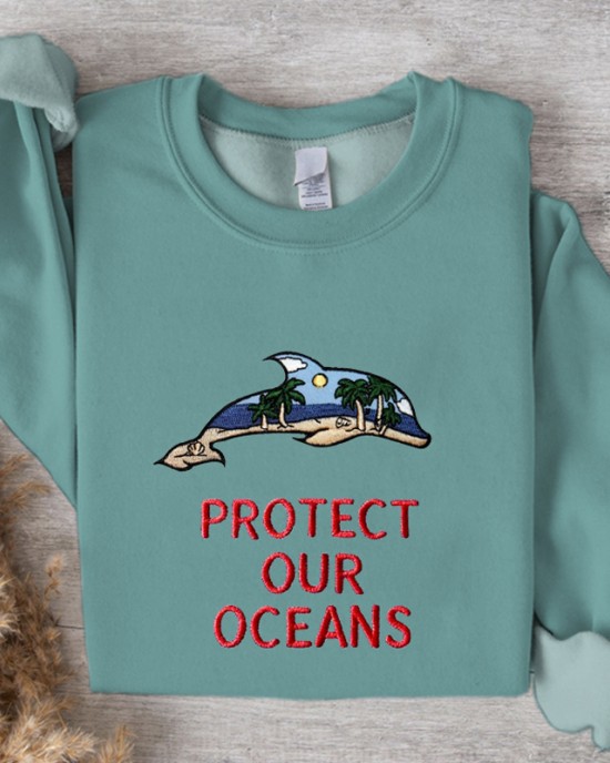 Eco Dolphin Embroidery Women's Crew Neck Sweatshirt