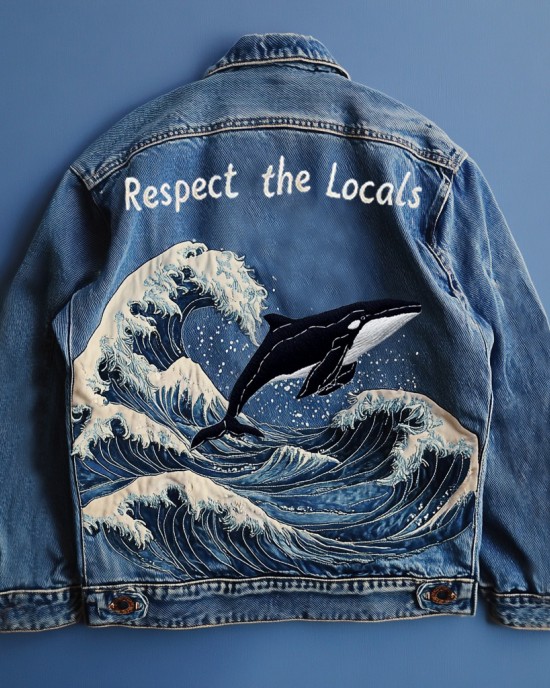 Retro Respect The Locals Waves And Whales Embroidered Art Denim Jacket