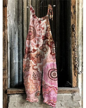 Boho Floral Ethnic Art Linen Blend Jumpsuit