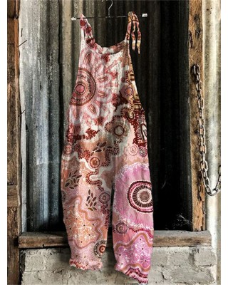 Boho Floral Ethnic Art Linen Blend Jumpsuit