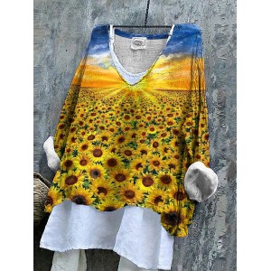 Ukrainian Sunflower Print Linen Women's V-neck Shirt