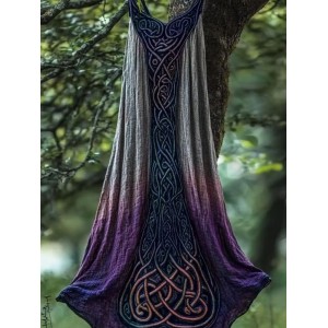 Vintage Viking Celtic Purple Gradient  Linen Midi Dress