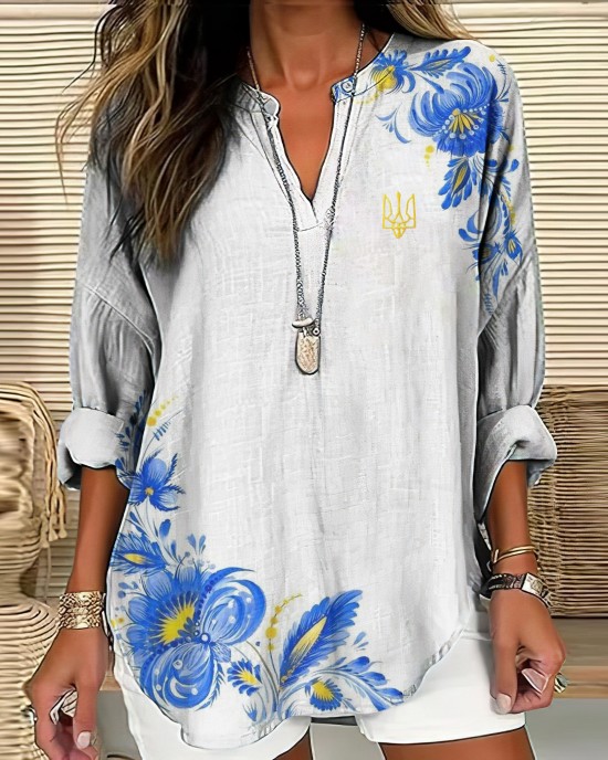 Women's Ukrainian Trident Flower Art Linen V-neck Shirt