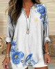 Women's Ukrainian Trident Flower Art Linen V-neck Shirt