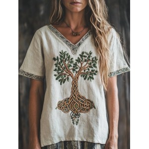 Viking Tree Of Life Embroidered V Neck Linen T Shirt