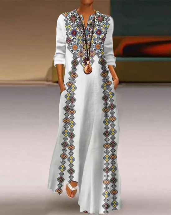 Vintage Ukraine Embroidered Art Print V-neck Casual Maxi Dress