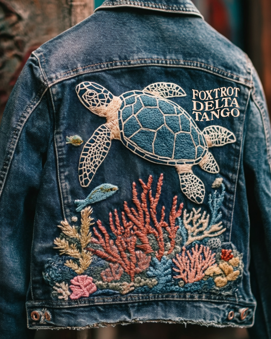 Foxtrot Data Tango Gulf Of Mexico Turtle Coral Embroidered Denim Jacket