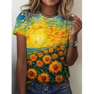 Vintage Ukrainian Sunflower Floral Print Crew Neck T-shirt
