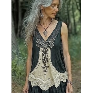 Vintage Women's Viking Tree Of Life Lace Linen Dress