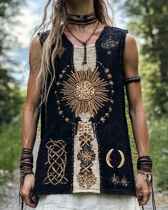 Mystical Viking Embroidered Vintage Linen Tank Top